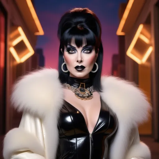 Prompt: (Elvira character), stylish and alluring, dressed in iconic Fendi designs, (high-fashion pose), dramatic makeup, expressive hairstyle, luxurious textures, glamorous accessories, vibrant color palette, (urban chic background), soft lighting effects highlighting the outfit, ethereal ambiance, (4K) quality, ultra-detailed.