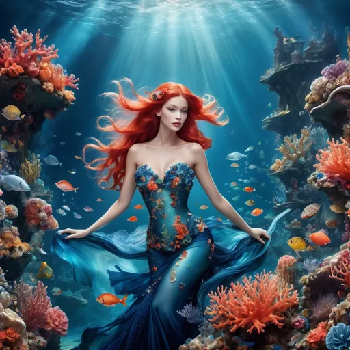 Prompt: (Ariel wearing dolce&gabbana), vibrant underwater scene, intricate costume details, luxurious fabric flowing, whimsical ocean flora and fauna surrounding her, stunning color palette of deep blues and bright corals, ethereal light filtering through water, (highly detailed), magical atmosphere, dreamlike quality, captivating and enchanting, rich textures, surreal elegance, HD.