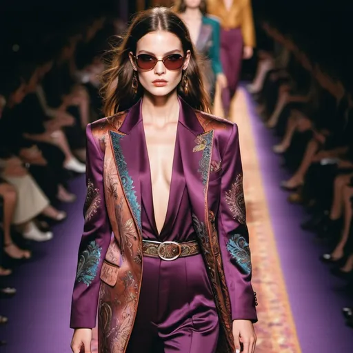 Prompt: Etro look, bold glamorous look, high sheen, intricate detailing, sleek design, fashion show runway, dramatic lighting, spotlight effect, bold 90s style, 90s aesthetic, stylish, 90s quality, ultra-detailed, HD