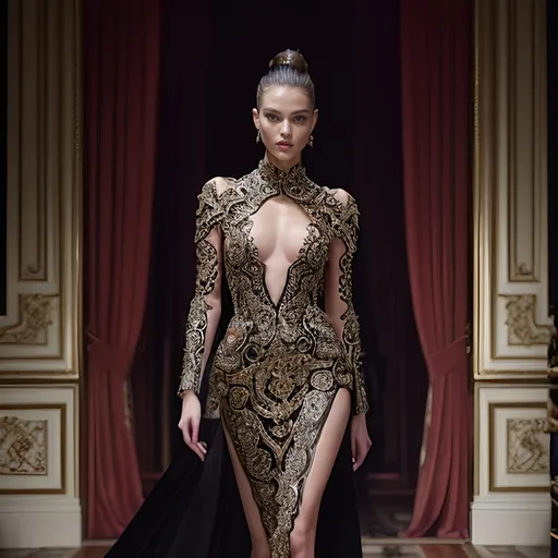 Prompt: Balmain clothing collection, (high fashion), intricate details, elegant silhouettes, bold patterns, luxurious fabrics, (chic), sophisticated elegance, stylish runway, iconic Parisian flair, stunning model showcasing outfit, vibrantly colored backgrounds, high contrast lighting, dramatic shadows, (ultra-detailed), modern aesthetic, (4K) realism, (couture fashion).