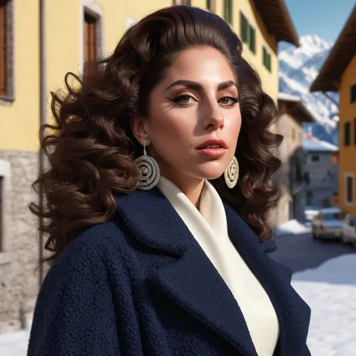 Prompt: Hyperrealistic 3D Lady Gaga with curly and dark hair in 80s italian Courmayeur winter and cold fashion, photorealistic, accurate features, Versace outfit, high resolution 64k, detailed textures, realistic lighting, Capri street backdrop, sophisticated, elegant, photorealism, Italian fashion, 80s style, high quality, Versace, detailed design, accurate, realistic rendering, lifelike, professional, professional lighting 