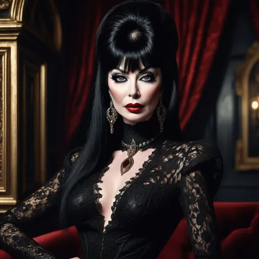 Prompt: (Dramatic portrait of Elvira in Balmain) extravagant fashion, haute couture, black lace dress with intricate detailing, bold makeup, striking red lips, expressive pose, (heavy shadows) creating a mysterious atmosphere, luxurious textures, opulent background with gothic elegance, warm color tones, inviting ambiance, (highly-detailed) ultra-realistic rendering, focused on the elegance and charm of the iconic character.