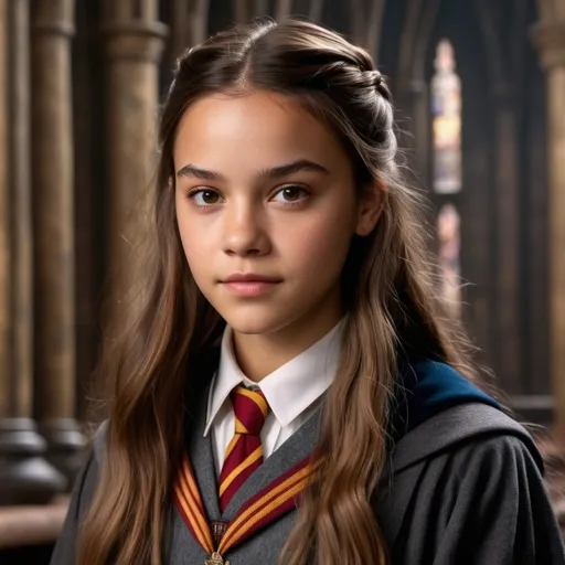 Prompt: Hyper realistic Olivia Rodrigo as a very detailed ultra hd 64k 3d quality Hermione Granger at Hogwarts background 