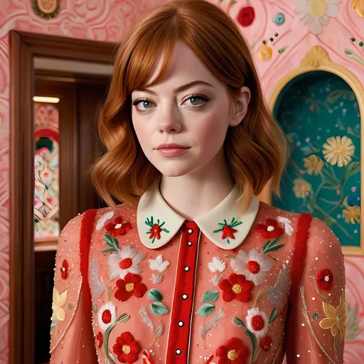 Prompt: Hyper realistic and very detailed Emma Stone with a real face and real hair and ultra realistic Red Valentino glittered embroidered long dress wearing in a extremely abstract Wes Anderson very detailed  house 