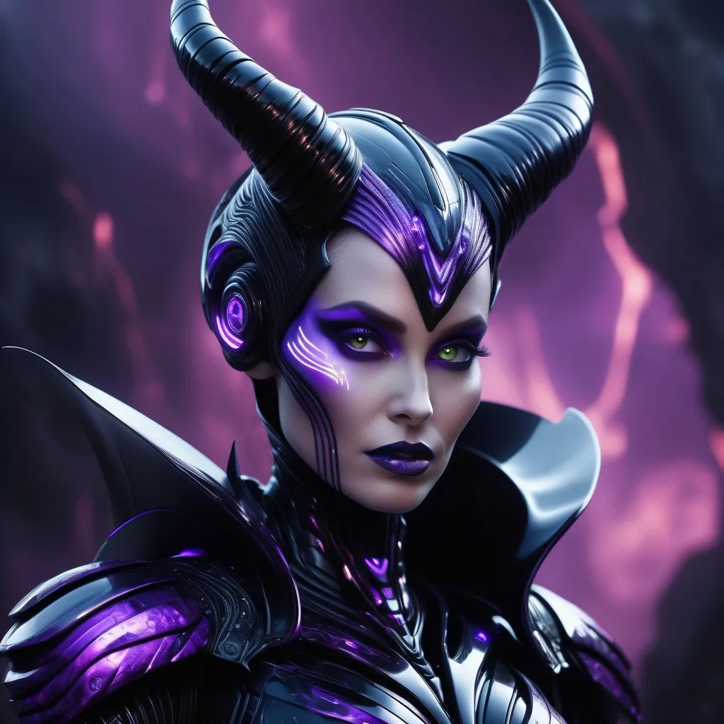 Prompt: (cyborg Maleficent), futuristic armor, intricate technology, glowing accents, menacing expression, dark magic aura, dramatic black and violet color palette, high detail, cinematic lighting, ethereal background with swirling clouds, blending fantasy and sci-fi elements, ultra-detailed, evoking a sense of power and mystique.