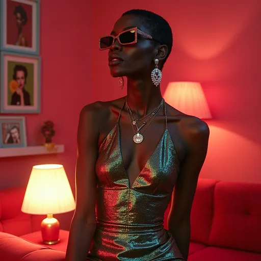 Prompt: (photorealistic) image of Alek Wek, inspired by Andy Warhol's signature style, wearing a bold 60's metallic Paco Rabanne dress, coupled with striking Edie Sedgwick-inspired makeup, vibrant colors, high contrasts, glamorous ambiance, set against a retro-inspired backdrop that evokes the essence of 1960s pop culture, ultra-detailed, capturing the essence of an iconic era.