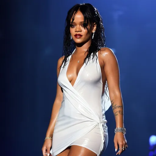 Prompt: Ultra realistic Rihanna in a slim white and wet dress, with a eyes makeup,  wet messy hair, tanned skin, exposed intimacy, sensual look, full body image, dim light, at rainy night, wet skin, wet cloth, in Sanremo Festival