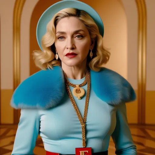 Prompt: Hyper realistic Madonna wearing a Fendi outfit in a Wes Anderson Movie ultra hd 64k quality 3d