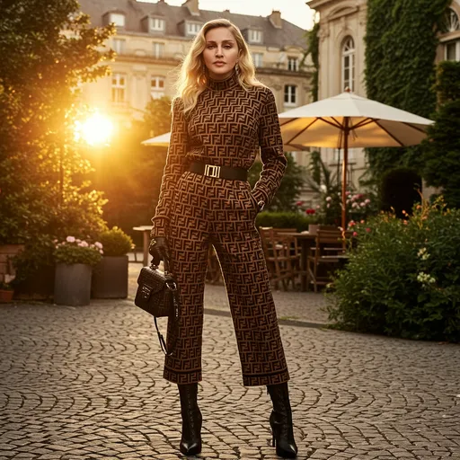 Prompt: Imagine Madonna in a luxurious fashion scene showcasing a model adorned in an exquisite Fendi outfit, set against a backdrop of an opulent, sun-soaked cityscape during golden hour. The warm, golden light casts soft shadows, enhancing the rich textures of the fabric. The model stands confidently on a cobblestone street, her pose exuding elegance and modernity, as her hair flows gently in the evening breeze. Behind her, lush greenery intertwines with stylish architecture, while a hint of a stylish café patio adds an inviting charm. A soft sparkle in her eyes reflects an air of sophistication and allure. Capture this moment in a photorealistic style, to emphasize the intricate details of the Fendi look against the luxurious urban setting.