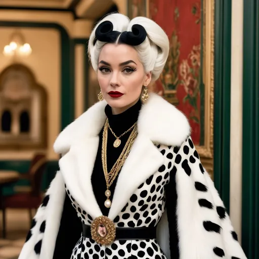 Prompt: Hyper realistic Cruella wearing a very detailed Dolce&Gabbana Outfit in a Wes Anderson Movie avoiding pink