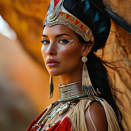 Prompt: Pocahontas in a stylish (high-fashion outfit), wearing elegant (Prada accessories), confident pose, (vibrant colors and contours), against a stunning natural backdrop, blending modern luxury with historical context, (4K ultra-detailed), rich earthy tones, an enchanting and dynamic atmosphere.