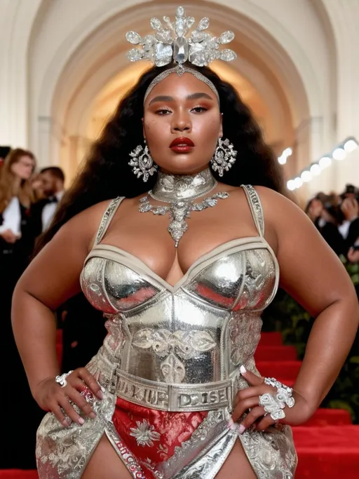 Prompt: Realistic depiction of the Met Gala event, Lizzo attendees in Diesel high fashion outfits, detailed facial expressions and accessories, red carpet glamour, intricate embroidery and luxurious fabrics, photorealistic, high quality, detailed realism, Met Gala, celebrity fashion, red carpet, luxurious fabrics, detailed facial expressions, glamorous event, intricate embroidery, high fashion, accessories, photorealism, realistic lighting