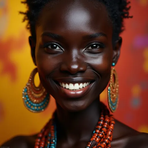 Prompt: (Alek Wek), captivating portrait, striking facial features, radiant smile, expressive eyes, vibrant background with abstract patterns, warm and inviting colors, high contrast shadows, dramatic lighting, showcasing texture and depth, ultra-detailed, 4K resolution, artistic blend of modern and traditional influences, highlighting cultural essence and beauty, celebrating uniqueness and individuality.