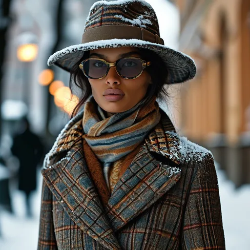 Prompt: (Etro winter coat), luxurious fabric, intricate patterns, elegant design, rich color palette, cozy and warm, high fashion, attention to detail, modeling on snow-covered street, sophisticated ambiance, soft lighting highlighting texture, emphasis on craftsmanship, ultra-detailed, 4K quality, contemporary winter fashion, showcasing style and comfort.