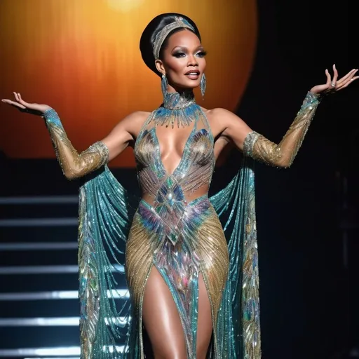 Prompt: Rihanna hyperrealistic in Bob Mackie gown, glamorous stage outfit, intricate beadwork, shimmering fabric, vibrant and luxurious, high quality, detailed, glamorous, elegant, iconic, 70s style, stage lighting, extravagant, show-stopping, professional, highres, vibrant colors, sequins, dramatic silhouette, celebrity fashion, performing arts