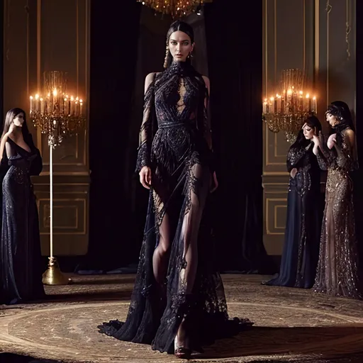 Prompt: (Elie Saab fashion design), luxurious elegant gowns, intricate lace details, opulent fabrics, rich jewel tones, dramatic flowing silhouettes, breathtaking embellishments, enchanting atmosphere, sophisticated glamour, high-fashion editorial style, ultra-detailed, 4K quality, cinematic lighting, soft dreamy ambiance.