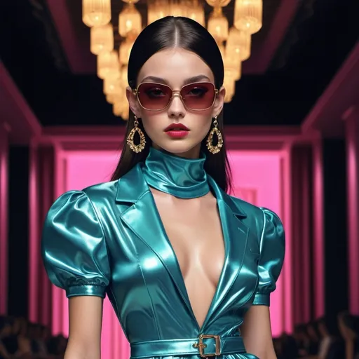 Prompt: Miu Miu look, bold glamorous look, high sheen, intricate detailing, sleek design, fashion show runway, dramatic lighting, spotlight effect, bold 90s style, 90s aesthetic, stylish, 90s quality, ultra-detailed, HD