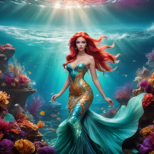 Prompt: (Ariel in Versace), (fashionable mermaid), luxurious textures, intricate gown design, vibrant color palette, ocean backdrop, ethereal lighting, flowing hair, expressive pose, luxurious accessories, (high fashion), artful detailing, luxurious elegance, vivid imagery, enchanting atmosphere, (ultra-detailed), (4K), captivating and dreamy ambiance.