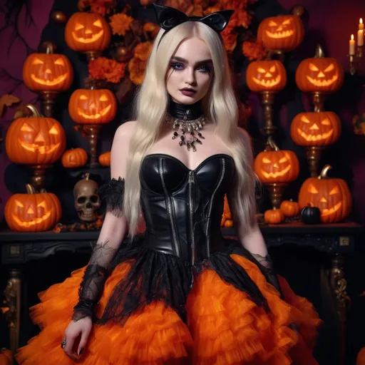 Prompt: (Kim Petras in Dsquared Halloween dress), stunning fashion statement, (dramatic colors), spooky ambience, intricate costume details, vibrant lighting, high glamour, festive Halloween elements, stylish pose, captivating expression, rich textures, beautifully designed backdrop, (ultra-detailed), high resolution, (4K).