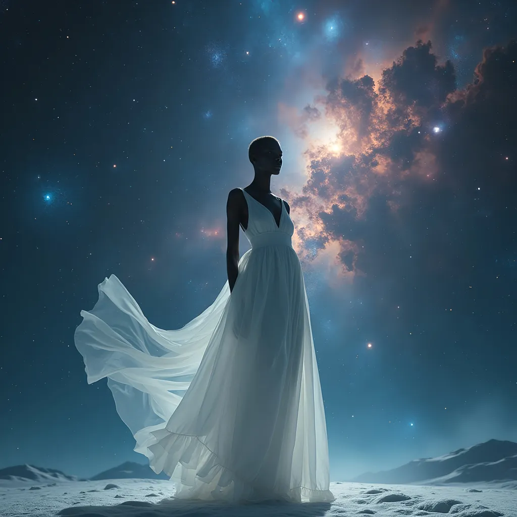 Prompt: (Alek Wek), ethereal figure adorned in a (delicate white Jil Sander dress), set against a breathtaking (outer space) backdrop, featuring vivid (nebulae), sparkling (stars), and swirling (galaxies), with a serene and (cosmic atmosphere), illuminated by gentle and otherworldly lighting, showcasing high detail, (4K), cinematic depth, creating a visually stunning and (dreamlike) scene.