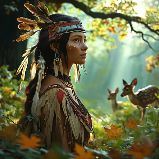 Prompt: (Pocahontas), vibrant forest setting, lush greenery, soft sunlight filtering through trees, deep earthy tones, native attire with intricate details, serene expression, wildlife in the background such as deer and birds, dynamic natural environment, ethereal atmosphere, HD quality, enchanting beauty, storytelling essence, harmonious with nature.