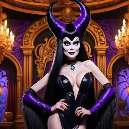 Prompt: (Yzma as Elvira), dramatic character fusion, (vibrant colors), bold contrasts, whimsically mischievous expression, ornate costume details, exaggerated makeup, long dark hair with majestic styling, behind her elaborate, shadowy palace background, eccentric and theatrical ambiance, (4K), ultra-detailed portrayal, capturing the humor of both characters, striking and playful imagery blending classic Halloween elements with animated flair.