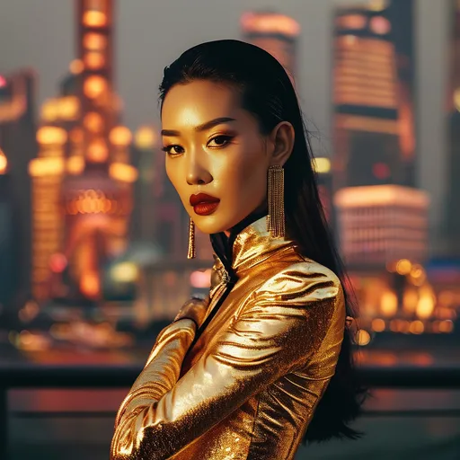 Prompt: Golden metallic outfit, (shimmering) fashion statement, Shanghai skyline backdrop, (elegant) architectural details, vibrant nightlife, rich culture, (ultra-detailed) city lights reflecting, warm tones illuminating surroundings, stylish pose, (high-quality) stunning ambiance, modern flair, accents of (luxurious) texture, dynamic urban energy.