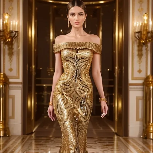 Prompt: Dolce&Gabbana (elegant golden metallic sequinned dress), glamorous evening wear, fashion masterpiece, luxurious textures and shimmering sequins, sophisticated design, high-fashion style, vibrant golden tones, captivating appearance, soft lighting, opulent ambiance, ultra-detailed, 4K resolution.