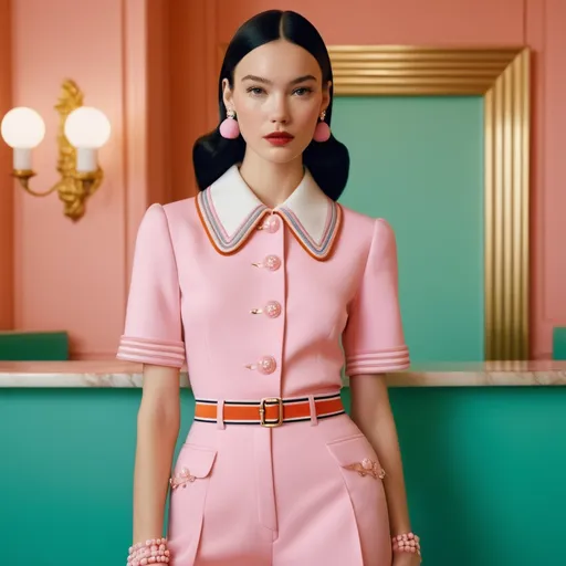 Prompt: Hyper realistic Mariacarla Boscono wearing a Miu Miu outfit in a Wes Anderson Movie