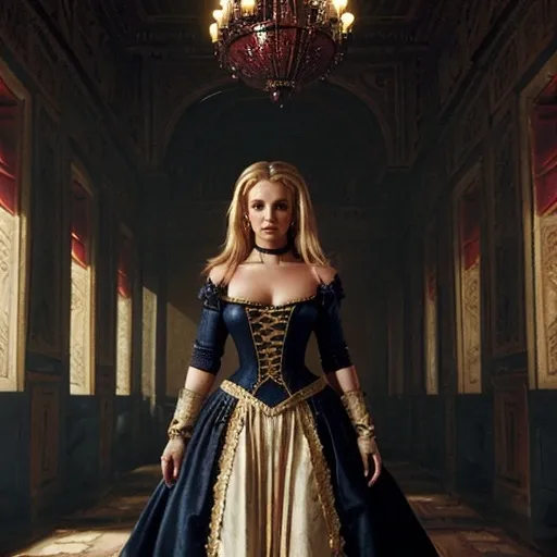 Prompt: (Britney Spears during French Revolution 1789), (historic attire), elegant gown with intricate lace, powdered wig, stylized makeup, (dramatic atmosphere), (rich colors), vivid reds, deep blues, and gold accents, (historical setting), a grand palace courtyard, opulent architecture, (cinematic lighting), moody and intense, (4K), ultra-detailed visuals.