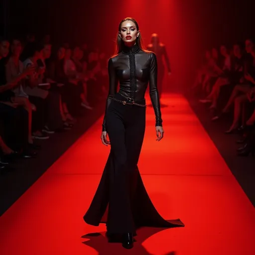 Prompt: (Wanda Maximoff wearing Versace), fierce pose, dramatic (red and black color palette), high-fashion editorial style, luxurious fabric textures, sleek and chic outfit details, vivid presence, modern ambiance, strong emotional intensity, cinematic lighting, backdrop of elegant high-fashion runway, (ultra-detailed, 4K).