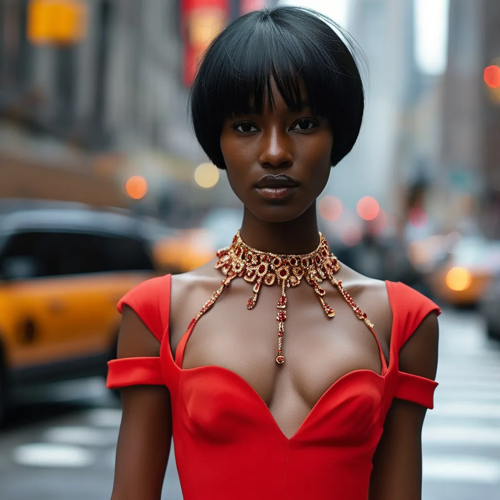 Prompt: red plume tubino short dress and Manolo Blahnik shoes around New York