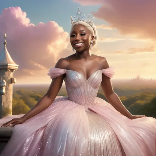 Prompt: Cynthia Erivo as Glinda, (majestic fairy queen), radiant gown flowing with shimmering pastels, seated gracefully, (sparkling tiara), enchanting smile illuminating her face, (magical atmosphere), soft, warm sunlight casting gentle shadows, whimsical clouds in the background, elegant and ethereal, (4K ultra-detailed), capturing fantasy and elegance combined.