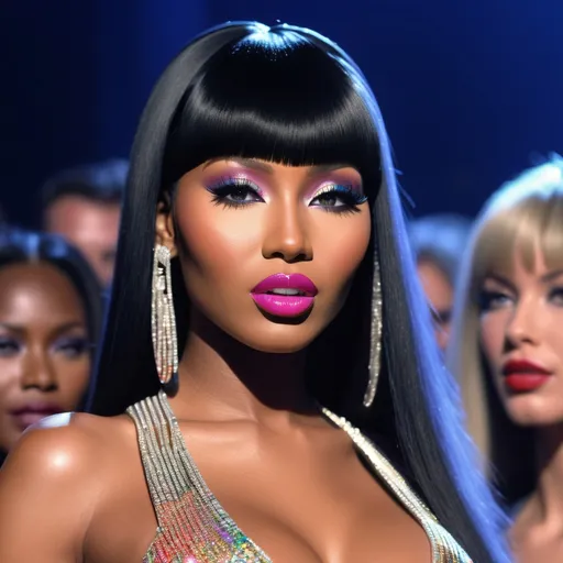 Prompt: Hyper realistic Nicki Minaj as hyper realistic Naomi Campbell wearing a very accurated and hyper realistic look as rave dancer in the 1990s in Madrid 3d quality 64k Hd