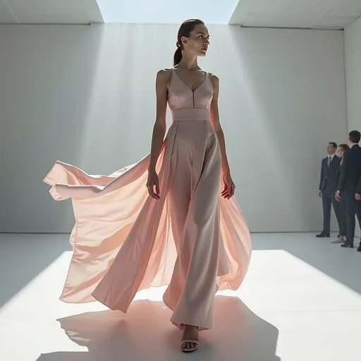 Prompt: (Jil Sander Space dress), high-fashion statement, (futuristic design), elegant lines and silhouettes, ethereal fabric textures, avant-garde tones,  ultra-detailed craftsmanship, dynamic draping, soft lighting creating a dreamlike atmosphere, refined and minimalistic background emphasizing the dress, (vibrant color palette) capturing the essence of modern elegance, (4K quality) for rich detail and depth.