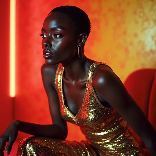 Prompt: (photorealistic) image of Alek Wek, inspired by Andy Warhol's signature style, wearing a bold 60's metallic Paco Rabanne dress, coupled with striking Edie Sedgwick-inspired makeup, vibrant colors, high contrasts, glamorous ambiance, set against a retro-inspired backdrop that evokes the essence of 1960s pop culture, ultra-detailed, capturing the essence of an iconic era.