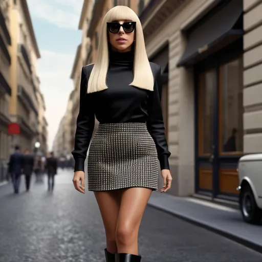 Prompt: Hyperrealistic 3D Lady Gaga in mini skirt by Mary Quant and Valentino during the 70s italian in Milan with straight hair and fringe, with cuissardes boots , photorealistic, accurate features, Valentino outfit, high resolution 64k, detailed textures, realistic lighting, Milan street backdrop, sophisticated, elegant, photorealism, Italian fashion, 70s  style, high quality, Valentino, detailed design, accurate, realistic rendering, lifelike, professional, professional lighting 