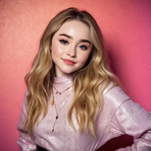 Prompt: (singer-songwriter Sabrina Carpenter), vibrant colors, dynamic pose, engaging expression, stylish outfit, modern outfit choice, cheerful ambiance, textured background, soft lighting, high-quality, ultra-detailed, emotionally captivating, youthful energy, contemporary art style, immersive atmosphere, expressive facial features.