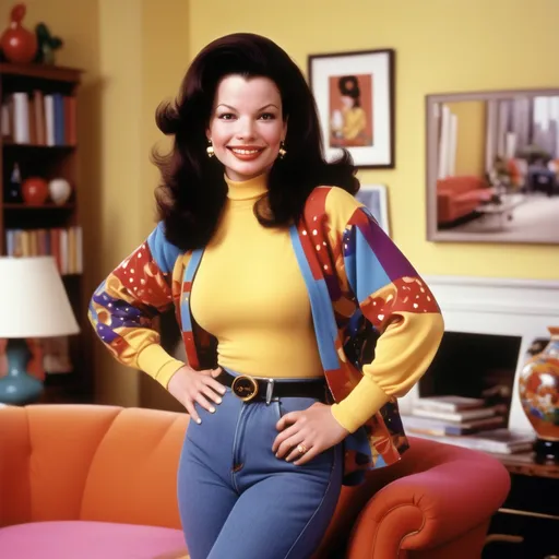 Prompt: Young Fran Drescher as The Nanny, (90s inspired fashion) featuring vibrant colors and bold patterns, stylish hair, high-waisted jeans, and oversized tops, capturing a playful and cheerful vibe, set in a cozy New York apartment background, complete with vintage decor, (ultra-detailed), (photorealistic), evoking nostalgic warmth and joy.