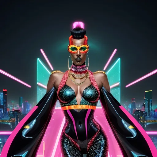 Prompt: Grace Jones (striking pose), dazzling in a (futuristic) Gucci cyber look, adorned with bold geometric patterns, glossy textures, and vibrant color tones, encapsulates modern elegance. Background features a (neon-lit) metropolis at night, exuding a high-fashion atmosphere, combined with (ultra-detailed) elements and an (atmospheric) glow that enhances her unique style.