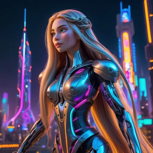 Prompt: (Cyborg Rapunzel), blending fairy tale and futuristic aesthetics, intricate mechanical enhancements, long flowing hair intertwined with wires, beautiful yet fierce expression, wearing a sleek armored dress, (futuristic cityscape in the background), vibrant neon colors illuminating the scene, (high detail), blending whimsy and technology, 4K ultra-detailed, a captivating mix of fantasy and science fiction ambiance.