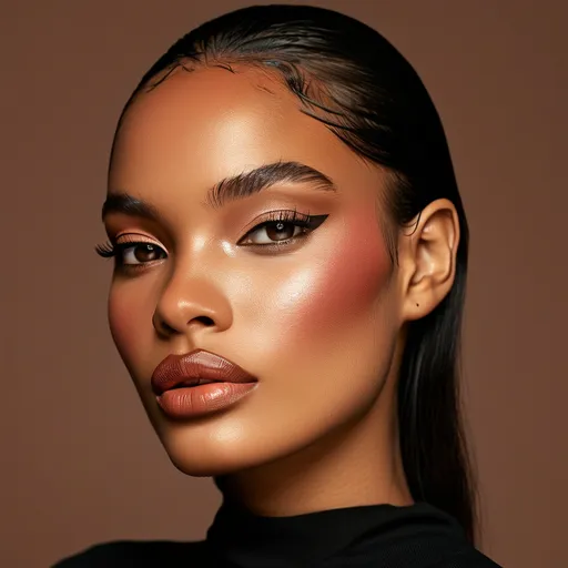 Prompt: (Kiko Milano black woman full face makeup), ultra-detailed, vibrant colors, showcasing a flawless makeup application with intricate details on eyes and lips, luminous skin texture, professional beauty studio environment, warm and inviting ambiance, elegant and bold presence, rich product hues, high-quality photo capture, focusing on makeup artistry and expression.