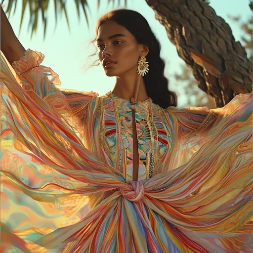 Prompt: Emilio Pucci delicate dress, (intricate patterns), (vibrant colors), luxurious fabrics flowing gracefully, elegant draping, showcasing flattering silhouettes, sunlit atmosphere, soft breezes shifting billowing hems, styled in a beautiful outdoor setting, high fashion, feminine and chic vibe, ultra-detailed, enchanting and ethereal mood, 4K resolution.