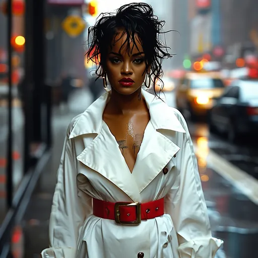 Prompt: (Rihanna), wearing (red high-heels high boots) and a (large white men's shirt), styled as a dress belt (around her waist), standing on a (cobblestone rainy street), with reflections in the (puddles), mood is (dramatic and urban). The scene is infused with (saturated colors), enhancing the contrast of the wet street against the attire, creating a visually striking (ultra-detailed) image.