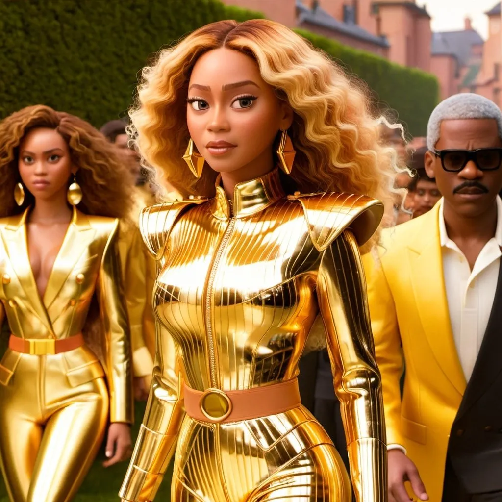 Prompt: Beyonce wearing golden metal suit by Paco Rabanne in a Wes Anderson scenario 