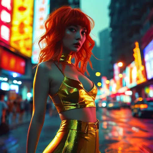 Prompt: (Chinese redhead adult content creator ), wearing dazzling (golden hot pants), elegantly striding through vibrant Shanghai streets, illuminated by colorful city lights, modern skyscrapers reflecting a lively atmosphere, stylish and confident pose, warm hues highlighting the evening ambiance, bustling urban background, ultra-detailed, photorealistic depiction showcasing fashion and dynamic energy.