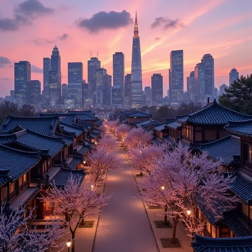 Prompt: Seoul skyline at dusk, breathtaking cityscape, vibrant skyline colors, warm golden lights reflecting on modern skyscrapers, traditional Hanok houses blending elegantly into the urban environment, dynamic street bustling with life, cherry blossom trees in the foreground, sleek modern architecture juxtaposed with rich history, serene atmosphere, captivating cultural juxtaposition, ultra-detailed, 4K, cinematic quality.