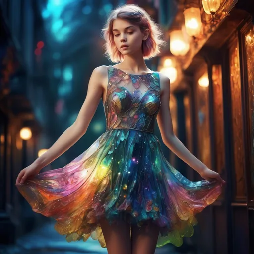 Prompt: (pixie plexi dress), whimsical design, vibrant colors, shimmering textures, dreamlike atmosphere, ethereal quality, playful ambiance, soft lighting, intricate details, magical essence, stunning visual contrast, enchanting setting, artistic elegance, fantasy-inspired fashion, ultra-detailed, captivating appearance, shimmering reflections, enchanting glow, high-quality illustration