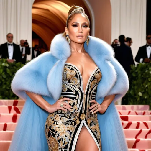 Prompt: Realistic depiction of the Met Gala event, Jennifer Lopez attends in Versace high fashion outfits, detailed facial expressions and accessories, red carpet glamour, intricate embroidery and luxurious fabrics, photorealistic, high quality, detailed realism, Met Gala, celebrity fashion, red carpet, luxurious fabrics, detailed facial expressions, glamorous event, intricate embroidery, high fashion, accessories, photorealism, realistic lighting