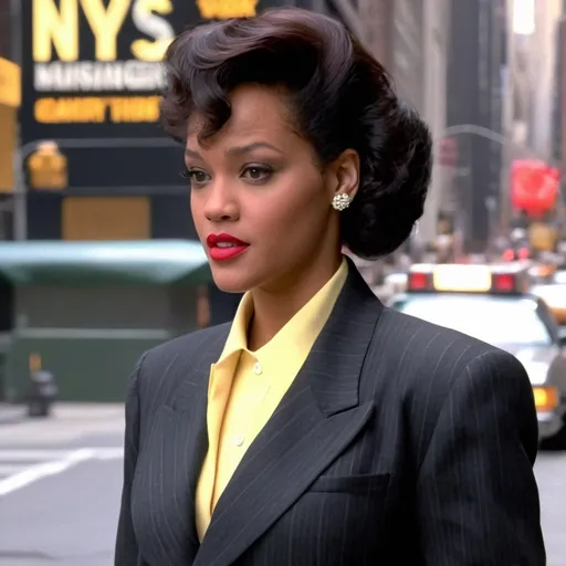 Prompt: Rihanna wearing a very accurated look as a manager in the 1980s in New York 3d quality 64k Hd 